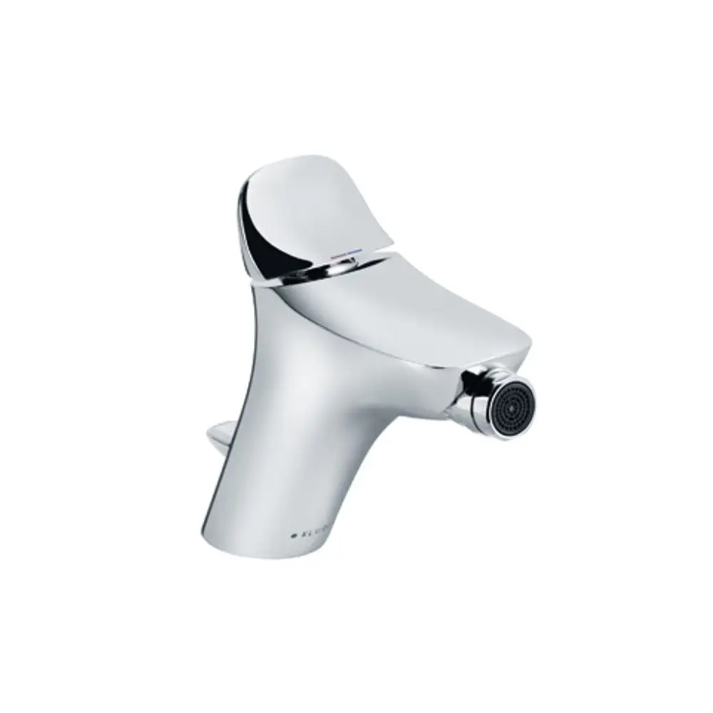 Glänzender Wasserhahn von Kludi mit einem schlichten, modernen Design und einem runden Auslauf, geeignet für die Montage an einem Bidet.